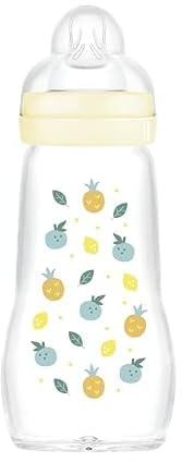 MAM Biberon Feel Good 260 ml, Biberon vetro pregiato resistente alle alte temperature, Accessori neonati ergonomici per uso quotidiano e allattamento misto con morbida tettarella misura 2, Neutro
