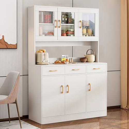 TWSOUL Armadietto da cucina, Buffet 170cm, Vetrina con piano di lavoro, Buffet da cucina con ante in vetro e 3 cassetti, Mobile alto Buffet da cucina per cucina sala da pranzo soggiorno