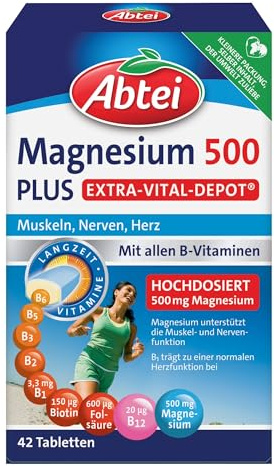 Abtei Magnesium 500 Plus Extra-Vital-Depot – hochdosierte Magnesiumtabletten – mit allen B-Vitaminen – für Muskeln, Nerven und Herz – vegan – 42 Tabletten