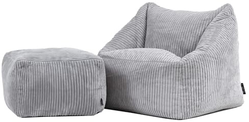Icon Natalia Sitzsack Kinder mit Hocker, Grau, Flauschiger Cord Stoff, Sitzsack Cord mit Füllung, Bequemer Kinder Sessel, Kuschelsessel, Lese Sessel, Schlafzimmer, Kinderzimmer, Spielzimmer
