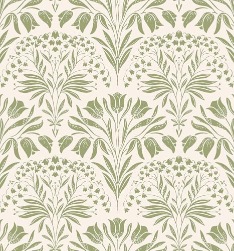 EchoSphere 16.9in X 118in Vintage Floral Peel and Stick Wallpaper Green and Beige Contact Paper Tulip Flowers Self Adhesive Wallpaper Boho Botanical Removable Wall Paper for Bedroom Accent Wall Decor