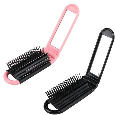2 Pcs Pink and Black Folding Hair Brush,Portable Travel Hairbrush with Mirror,Easy to Fold Foldable Hair Brush,Durable Compact Hairbrush for Travel Daily Grooming Handbag Gym Office School Home Use