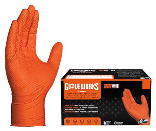 Gloveworks 8 Mil Orange Nitrile Disposable Gloves Heavy Duty Industrial RDT for Mechanic and Automotive, XXL Box of 100
