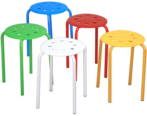 Topeakmart Set of 5 Classroom Stackable Stools Plastic Stack Stools Blue/Green/Red/White/Yellow Bar Stools Set 17.3in Height