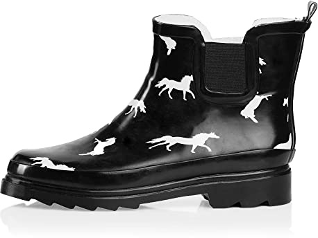 NORTY - Womens Ankle Rain Boots - Ladies Waterproof Winter Spring Garden Boot runs ½ size large Horse Black Size 8
