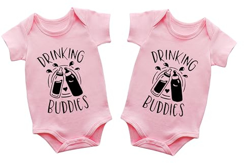 AOUYOA Baby Twins Bodysuits Drinking Buddies Newborn Baby Clothes Cute Toddler Outfits Infant Twin Unisex Romper(pink buddies 3m)