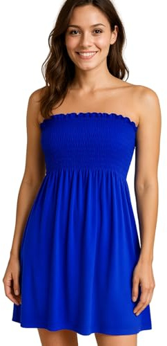 STAR FASHION Women’s Strapless Sheering Ruched Bandeau Dress Plain Boob Tube Sleeveless Midi Dress Summer Holiday Beach Flared Dress Soft Stretch Blue 20-22