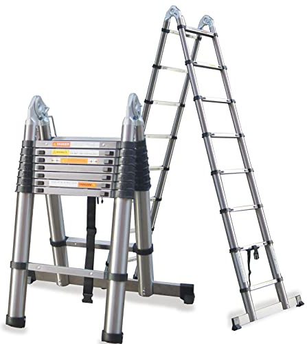 Escalera retráctil de 5 m, 16.4 pies con capacidad de carga de 150 kg, 16 escalones, estructura en A, plegable, extensible, multiusos, de acero inoxidable, para uso diario en el hogar, oficina, jardín