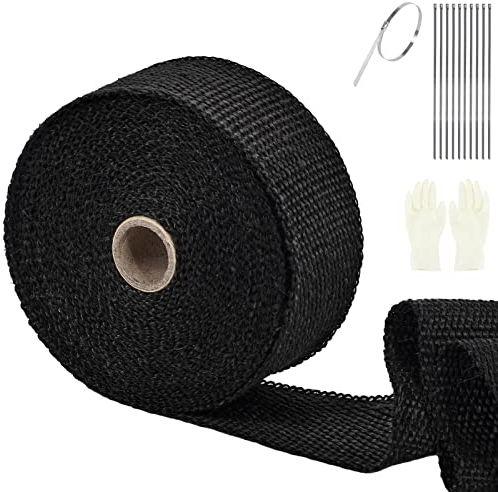 SOMLAW 10M Hitzeschutzband Basaltfaser Hitzeschutzband Auspuff mit 10 Kabelbinder und Handschuhe, Auspuffband isoliert, für Motorrad Fächerkrümmer Krümmerband Thermoband (Schwarz)