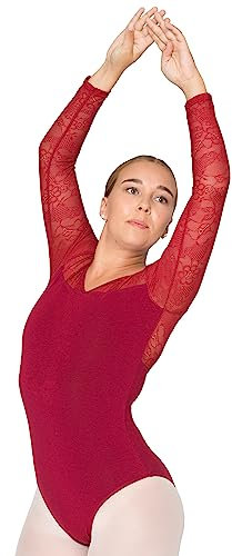tanzmuster Ballett Trikot Damen Langarm - Britta - Baumwolle - BH-Pad-Einschub - Ärmel aus Spitze - burgunder 38 - roter Tanz Body - Ballettkleidung für Erwachsene