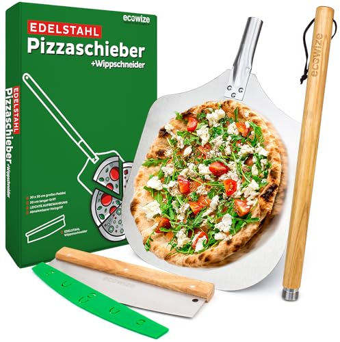 Ecowize Pizzaschieber - Profi Pizzaschaufel aus hochwertigem Edelstahl - Pizza Schaufel XXL mit stabilen Griff und robustem Gewinde - Pizzaschaufel Edelstahl Extra GROß