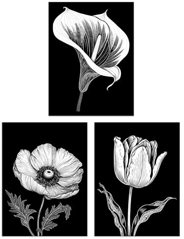 Artery8 Set of 3 Elegant Single Tulip Anemone Calla Lily Flowers Floral Black White Striking Impact Artwork Unframed Wall Art Living Room Poster Prints Pack