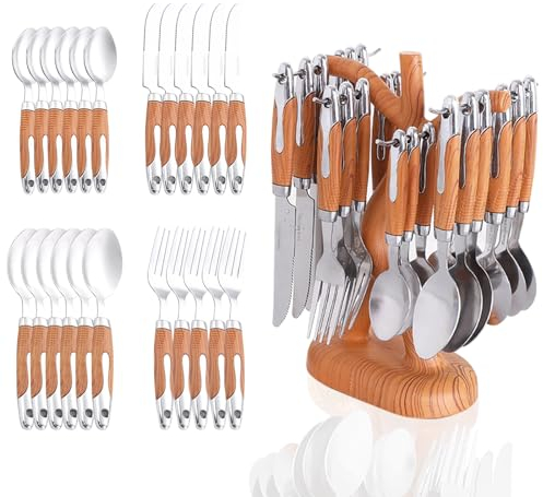 24 Teilig Besteck Set 6 Personen, Hochwertiges Edelstahl Besteckset, Hochglanzpoliert, mit Braune Griffe in Holz,Tafelbesteck für Haus/Party/Restaurant, Spülmaschinenfest (Edelstahl)
