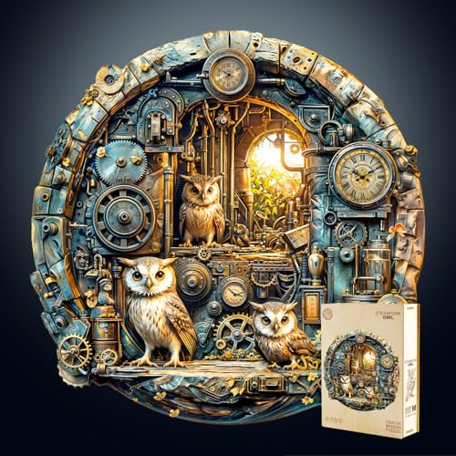 KaayeeWood Rompecabezas de Madera para Adultos,200 Piezas Búho Steampunk Irregulares Puzzle de Madera,Puzzles para Adultos con Caja de Regalo, Decoración del Hogar