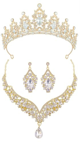 XFSRG Elegantes Braut Schmuckset 3 Teilig mit Funkelnder Krone V Förmiger Halskette und Tropfenförmigen Ohrringen Luxuriöses Hochzeitsschmuck für Besondere Anlässe (Gold)