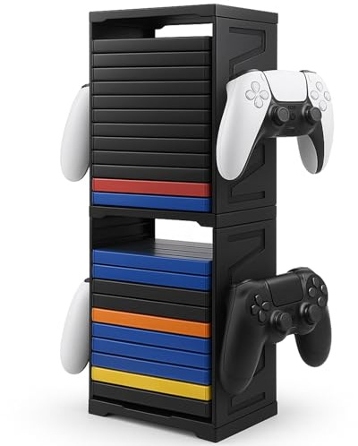 WinHUb Tour de rangement de jeux pour PS5, PS4, Xbox Series X/S, Xbox One, Switch et disques Blu-Ray – Support de rangement pour 24 disques avec crochets pour manette et casque, vertical à double