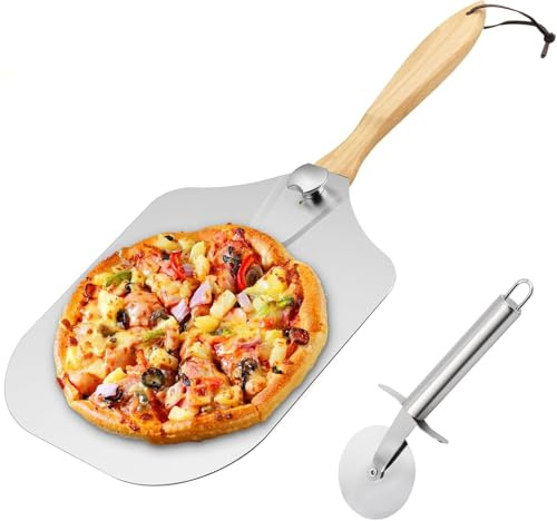 DAKFOOK Pala per pizza in alluminio da 30,5 x 35,5 cm, con manico pieghevole in legno per una facile conservazione, include rotella taglierina, paletta per pizza per cuocere dolci fatti a mano, pasta