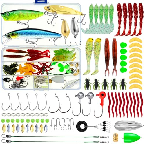 Set di 101 esche da pesca con scatola per esca, set di esche da pesca per luccio, trota, pesce persico, accessori da pesca misti, pesci di gomma, indicatori di direzione, VIB, esche da superficie