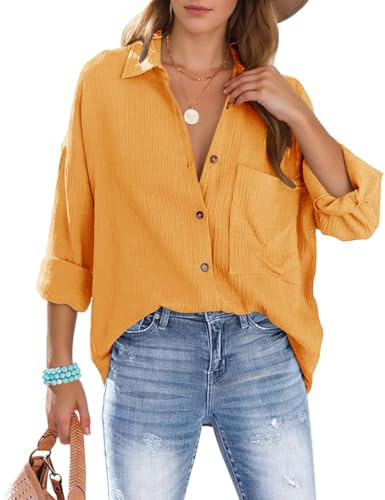 Lonya Muslinblus damer elegant V-ringad bomull muslinskjortor långärmad långblus casual button down toppar blus skjorta skjorta skjorta tunika enfärgad toppar, Ingjuten gul, XL