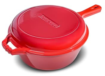 HomeVSS 6.5-Quart Enameled Cast Iron Double Dutch Oven with Lid & Dual Handles – 2-in-1 Cookware for Bread Baking, Braising, Stews, Roasting, Doubles as Casserole Dish & Stovetop Grill Pan, Red