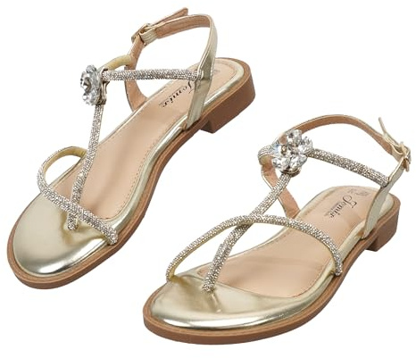 JOMIX Sandali Donna Piatti con Strass e Fiore, Fibbia Regolabile, Tacco Basso Quadrato, Sandali Eleganti Estivi, Comodi per Quotidiano e Vacanze WFF260244 (Oro, 38)