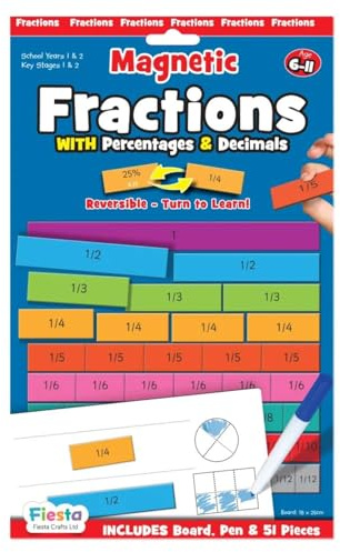 Fiesta Crafts Magnetic Fractions, Decimals & Percentages, 51 Tiles | Double Sided Magnetic Fractions with Decimals & Percentages, Dry Wipe Pen & 51 Magnetic Tiles, Educational Maths Gift
