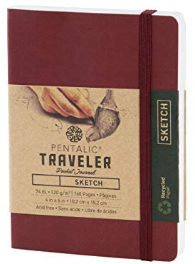Pentalic 4 x 6 Pocket Sketchbook Traveler Journal, 160 Pages, Burgundy