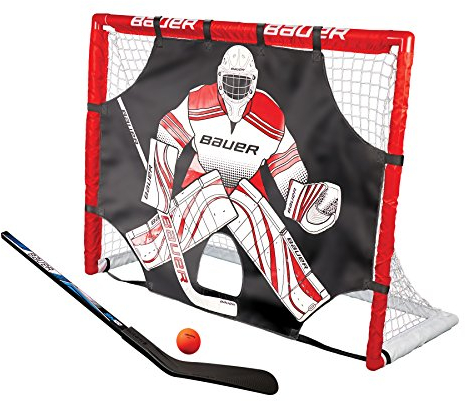 BAUER - Street Hockey Goal Set inkl. Shooter, Schläger & Ball I Outdoor-/Indoor-Tor I Tor mit Puckwand I PVC-Rahmen I Tor für Hockeybälle und Pucks I Streethockey-Training I Feldhockey - Rot