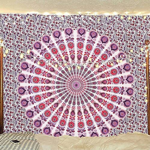 Bless International Indian hippie Bohemian Psychedelic Peacock Mandala Wall hanging Bedding Tapestry (Pink Blue, 228.60L X 213.36W cm)