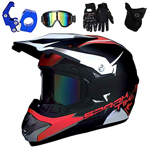 PKFG® Motorrad Enduro Helm Kinder Rot, Motocross Helm mit Brille Maske Handschuhe und Helmhaken, Mountainbike Downhill Helm mit Abnehmbar Visier, Crosshelm Mädchen/Damen für MTB, M (54~55CM)