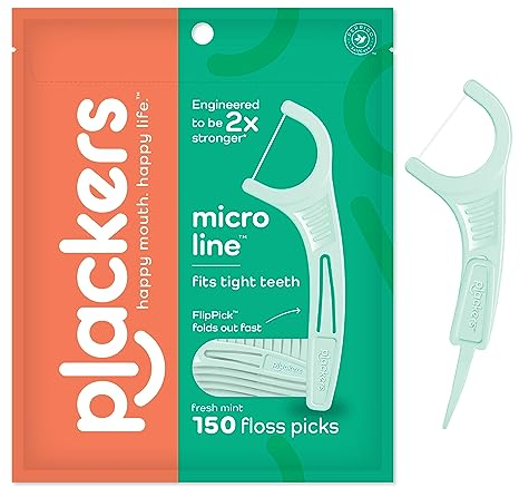 Plackers Micro Mint Zahnseide, frischer Minzgeschmack, ausklappbarer Zahnstocher, Super Tuffloss, einfache Aufbewahrung mit sicherem Reißverschluss, 150 Stück
