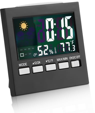 HERCHR Sveglie da Viaggio, Piccole sveglie digitali con Calendario a Batteria Temperatura umidità Display Meteo con retroilluminazione per camere da Letto Orologi da scrivania da Comodino
