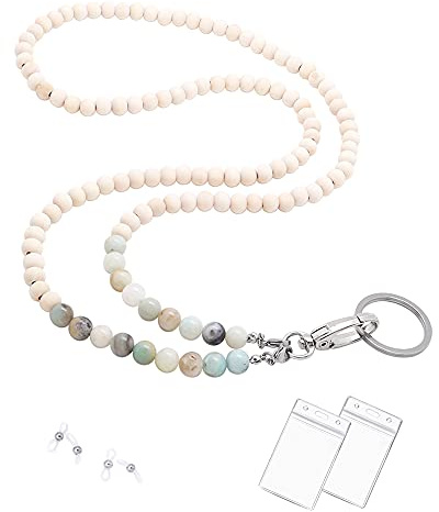 C&L Accessories Lanyards for ID Badges, Beaded Wooden Natural Stone Lanyard for Keys Eyeglass Holder Lanyard for Eyeglasses Chains for Women (Amazonite Stone)