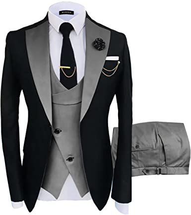Wangyue Prom Suits for Men Double Breasted Suit 3 Piece Slim Fit Dark Grey Tuxedo for Men Wedding 3 Piece Formal Tuxedo Groos Elegant Business Dinner Party One Button Size 2XL