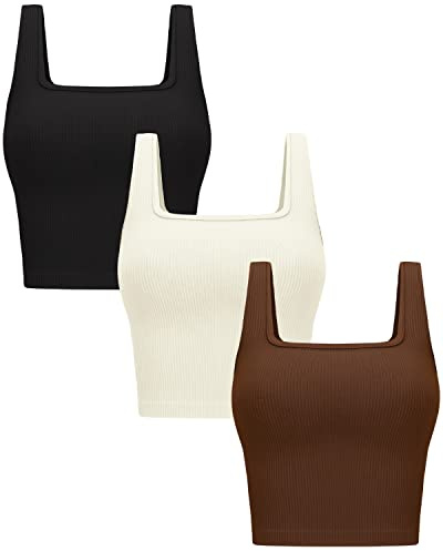 OLCHEE Womens 3 Pack Crop Tank Tops Basic Seamless Ribbed Sleeveless Square Neck Workout Top Summer Exercise Yoga Gym Shirts - Black Brown Beige Large