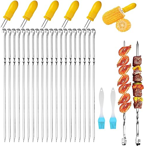 Grillspieße Edelstahl, 20 Stück Grillspieße, Edelstahl-Grillspieß, Grill Kabob Spieße für Grillpartys im Freien und im Garten - Silikonölbürste mitgeliefert und Maiskolbenhalter-Set (B)