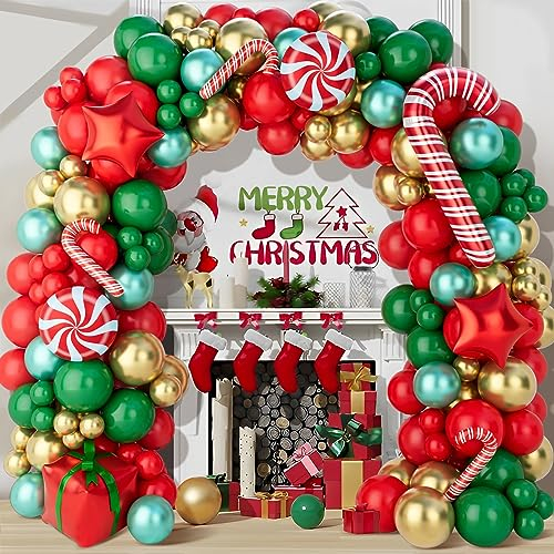Christmas Balloons Garland Arch Kit, 154Pcs Christmas Garland with Red Green Gold Candy Cane Balloons Red Star Balloon Foil Balloon Arch for Xmas Party Decoration Supplies,Xmas Decorations for Indoors