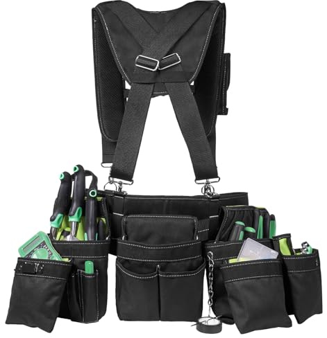 Birodeko Cinturón de herramientas con tirantes, chaleco de herramientas resistente con múltiples bolsas de herramientas y soporte de cintura, organizador de herramientas ideal para carpinteros,