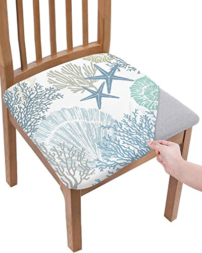 LiDU Coastal Seat Covers for Dining Room Chairs Set of 4, Summer Beach Blue Teal Coral Chair Slipcovers Protector, Sea Nautical Starfish Stretch Chair Covers Removable Cushion Cover for Kitchen Office