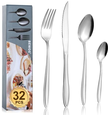 Cutlery Set, BEWOS 32 Pcs Stainless Steel Flatware Set, Tableware with Patterned Handle, Silverware Set with Spoon, Serrated Dinner Knife and Fork Set, Service for 8, Dishwasher Safe, Mirror Polished