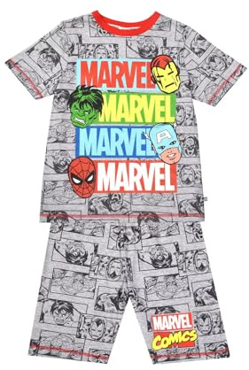 Marvel Avengers Boys Pyjamas | Classic Grey Marvel Comics Pj Set | Short Sleeve Avengers Nightwear | Ages 4 to 8 Years Old