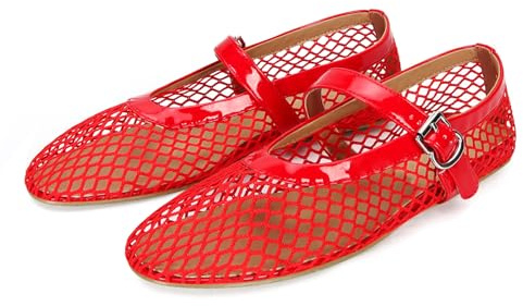DOEYG Mesh Ballet Flats for Women Round Toe Mesh Flats Ballet Shoes Buckle Strap Mesh Mary Jane Flats Comfy Casual Office Summer Fishnet Ballerina Flats Shoes Red