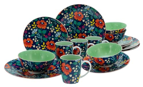 CreaTable, 17406, Série Folklore Bleu, Set de vaisselle 16 pièces, service combiné en grès