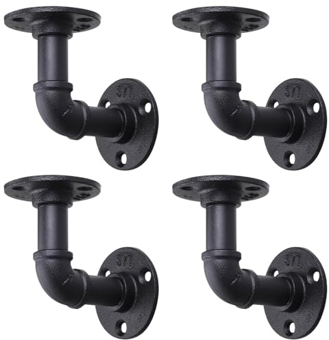 4 Pack Industrial Pipe Shelf Brackets, Black Floating Pipe Brackets with Screws, Heavy Duty Wall Mounted Pipe Shelves for Home Scaffold Board - 10×10cm