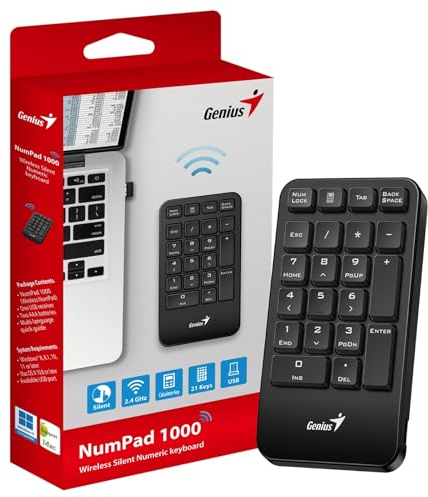 Genius NumPad 1000, Kabellose Leise Nummernblock Zahlentastatur, 2,4 GHz, USB-Empfänger, Plug-and-Play, Schlankes und Praktisches Design