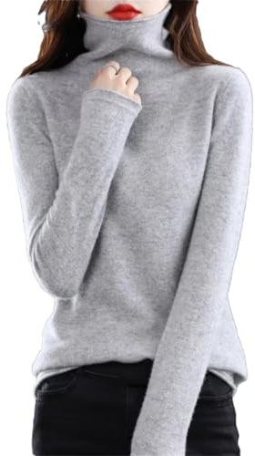 Suéter de cuello alto de lana merina 100% para mujer, color liso, de punto, básico, suave, tops de jersey, gris, L