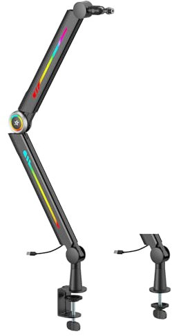 Outshine Gaming Glint RGB Microphone Arm – Dynamic RGB Lighting, 20 Effects, 360° Swivel, Built-in Cable Management, Clamp/Grommet Mount, Flexible Mic Positioning for Streaming & Recording