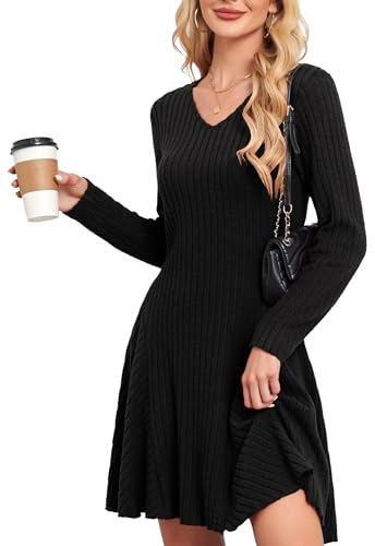 SENBATU Abito a Maglia Donna Autunno Elegante Pullover Abito Manica Lunga V-Collo Abiti Invernali Nero Large