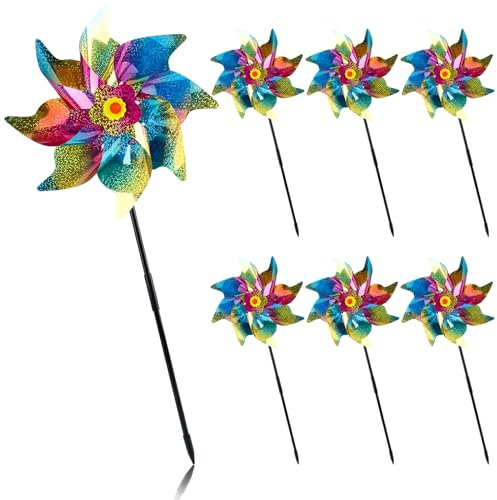 badaren 6 Pièces Moulin à Vent Réfléchissant, Anti-Oiseaux Moulin à Vent Réfléchissant, Moulin a Vent Jardin Exterieur, Répulsif à Oiseaux pour Pelouses, Jardin, Verger, Ferme (Arc-en-Ciel)