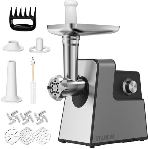 STANEW 3500W - Picadora eléctrica para carne (3 en 1, con 3 placas de acero inoxidable, Kubbe y 3 tubos de relleno para salchichas, capacidad 3,5 kg/min,3 cuchillas, Propower Motor de cobre